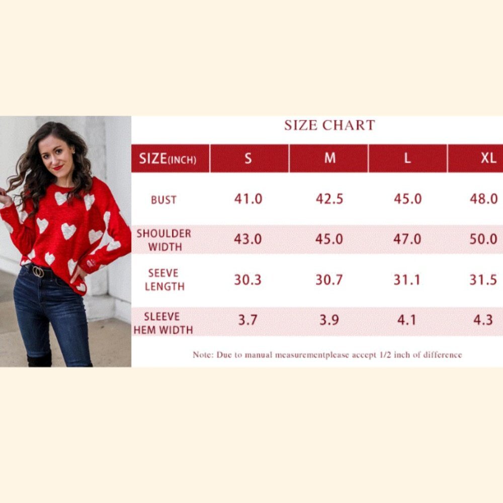 Women's Off Shoulder Pullovers Sweater Loose Hearts Printed Ripped Top, Red - Picture 5 of 5